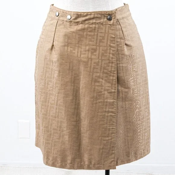 Fendi 6 Reversible Leather FF Logo Print Skirt Tan Vintage NWOT - Picture 3 of 16